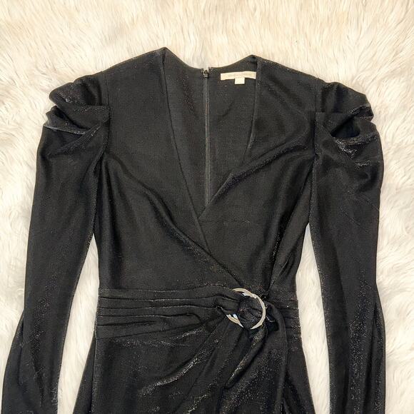 Jonathan Simkhai Metallic Dress V-Neck Puff Sleeve Belted Faux Wrap, Black - Picture 7 of 15